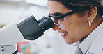 Healthcare, research and woman with microscope, science and medical experiment for cancer treatment. Person, scientist and employee in laboratory, forensic particles and cure development with sample
