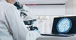 Woman, scientist and laptop with microscope in laboratory, microbiology and research study of organisms. Specimen, analysis and bacteria or antimicrobial resistance, medicine and vaccine development
