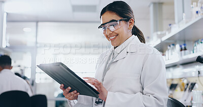 Buy stock photo Happy, science and tablet with woman in laboratory for discovery, innovation or pharmaceutical research. Breakthrough, investigation and smile with scientist reading medical info for development