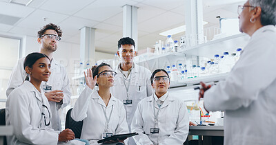 Buy stock photo Science, lab and students with question for professor, biotechnology research and pharma education. Learning, group and people in class with mentor for development, scientist training with diversity