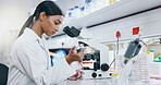 Woman, science and working with microscope in laboratory, microbiology and research study of organisms. Specimen, analysis and bacteria or antimicrobial resistance, medicine and vaccine development