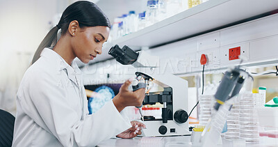 Buy stock photo Woman, science and working with microscope in laboratory, microbiology and research study of organisms. Specimen, analysis and bacteria or antimicrobial resistance, medicine and vaccine development