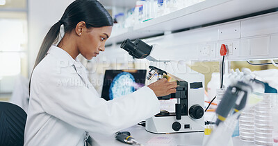 Buy stock photo Woman, scientist and working with microscope in laboratory, microbiology and research study of organisms. Specimen, analysis and bacteria or antimicrobial resistance, medicine and vaccine development