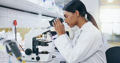 Buy stock photo Sample, research and woman with microscope, science and check experiment for DNA analysis. Person, scientist and employee with lab equipment, forensic testing and cure development to study bacteria