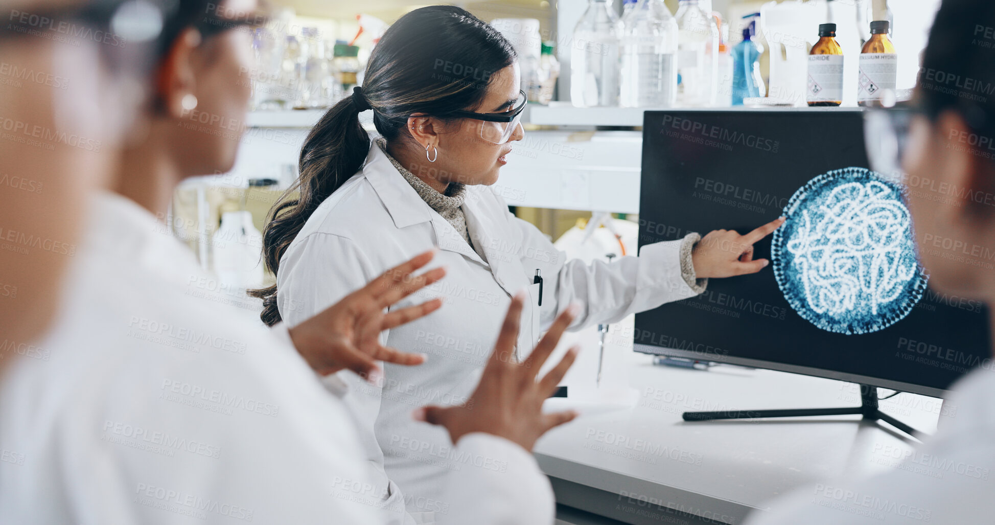 Buy stock photo Computer screen, science and virus with lab team at work together for breakthrough or discovery. Investigation, influenza and research for pharmaceutical development with scientist group at work