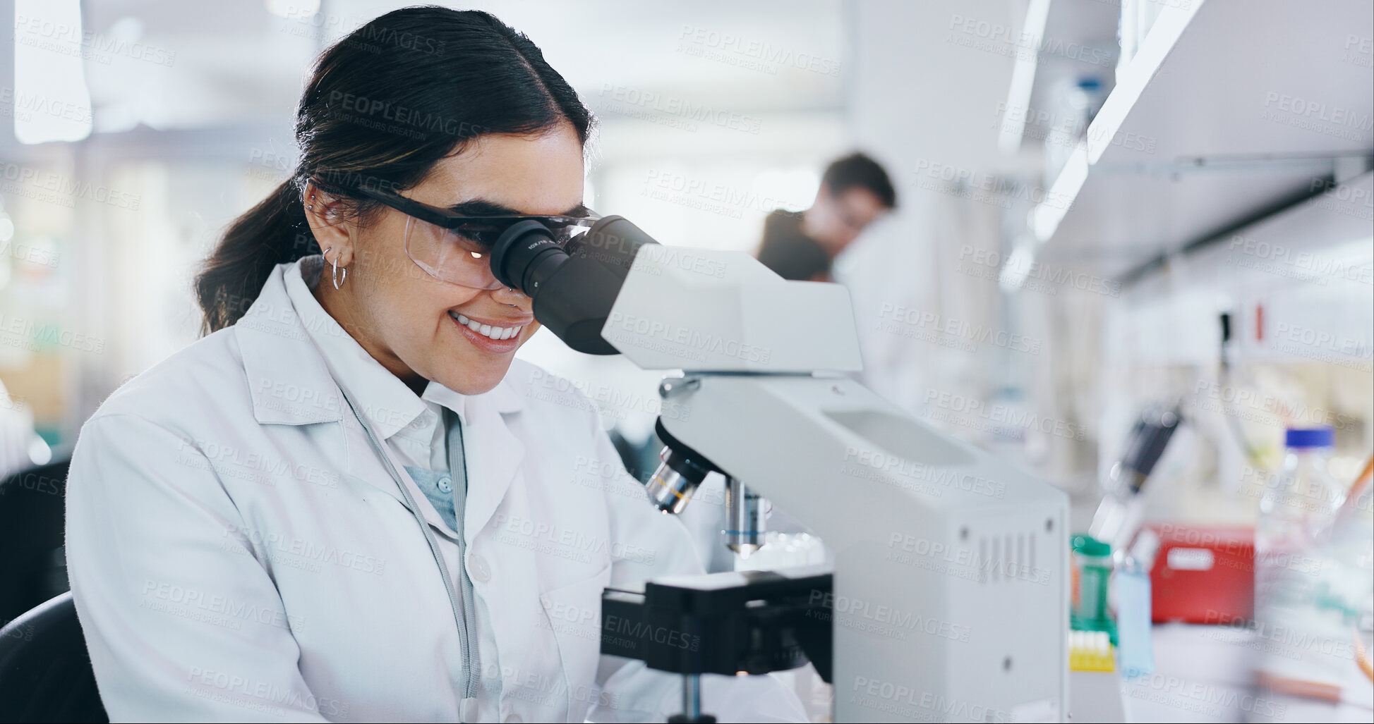 Buy stock photo Medical, biotech and woman with microscope, science and check experiment for breakthrough. Research, scientist and employee with lab equipment, DNA test and cure development with sample and bacteria