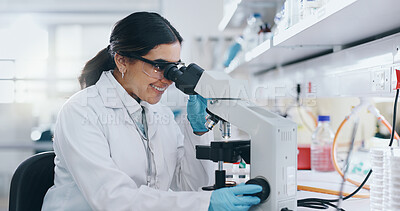 Buy stock photo Laboratory, research and woman with microscope, science and check experiment with breakthrough. Person, scientist and employee with lab equipment, testing and biotech for DNA sample and bacteria 