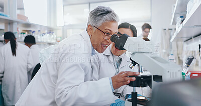 Buy stock photo Medical, research and people with microscope, science and check experiment for education. Mentor, scientist and coaching with lab equipment, studying and cure development with sample in laboratory