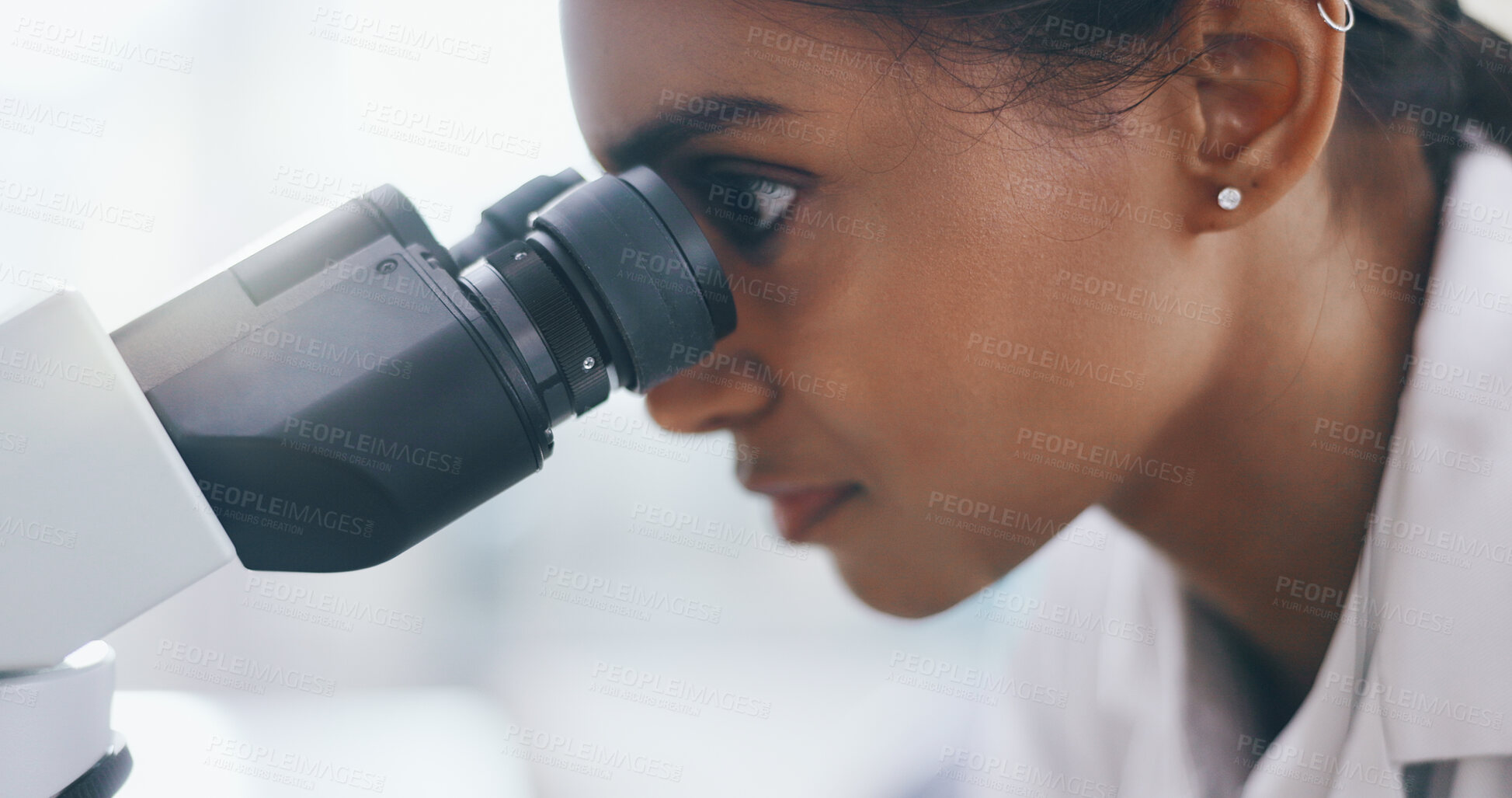 Buy stock photo Studying, research and woman with microscope, science and sample for bacteria, cure and breakthrough. Person, scientist and employee with lab equipment, medical experiment and particles for vaccine