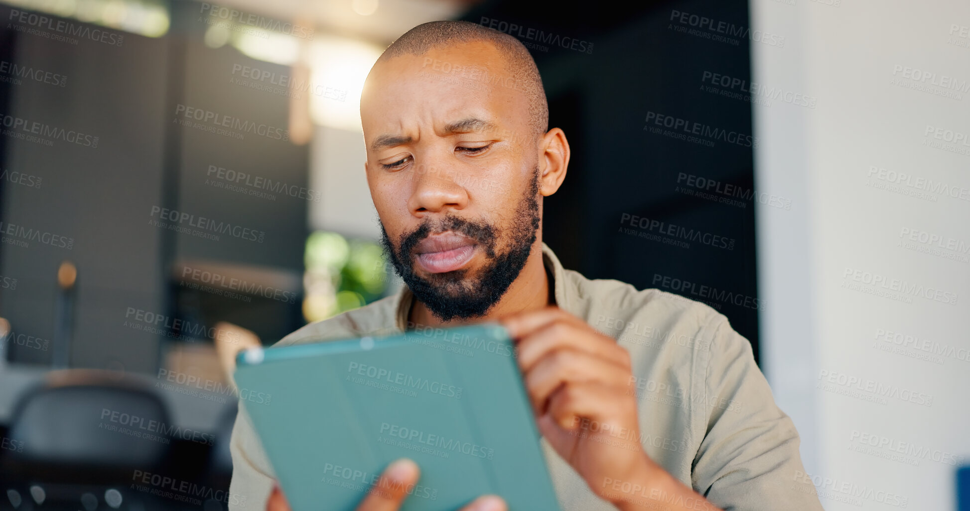 Buy stock photo Black man, tablet and reading online for research, email and digital conversation for planning. Thinking, touchscreen and entrepreneur for information, male person and startup technology business