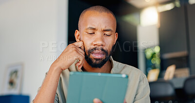 Buy stock photo Black man, tablet and thinking online for email, research and digital conversation for planning. Reading, touchscreen and entrepreneur for information, male person and startup technology business