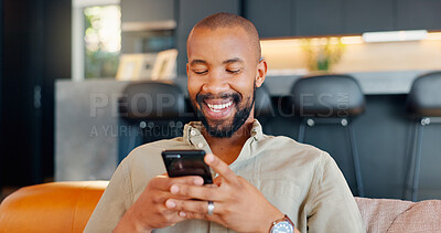 Buy stock photo Laugh, cellphone and black man texting for communication, digital conversation and online chat. Tech, notification and mobile app for male person, smile and social media for comedy show streaming