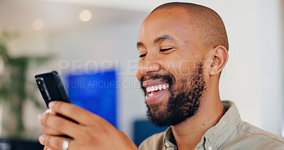 Buy stock photo Laugh, cellphone and black man scrolling for online, digital conversation and communication. Technology, notification and mobile app for male person, smile and social media for comedy show streaming