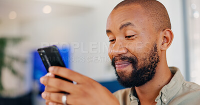 Buy stock photo Reading, cellphone and black man scrolling for online, digital conversation and chat. Technology, notification and mobile app for male person, smile or social media for internet show streaming