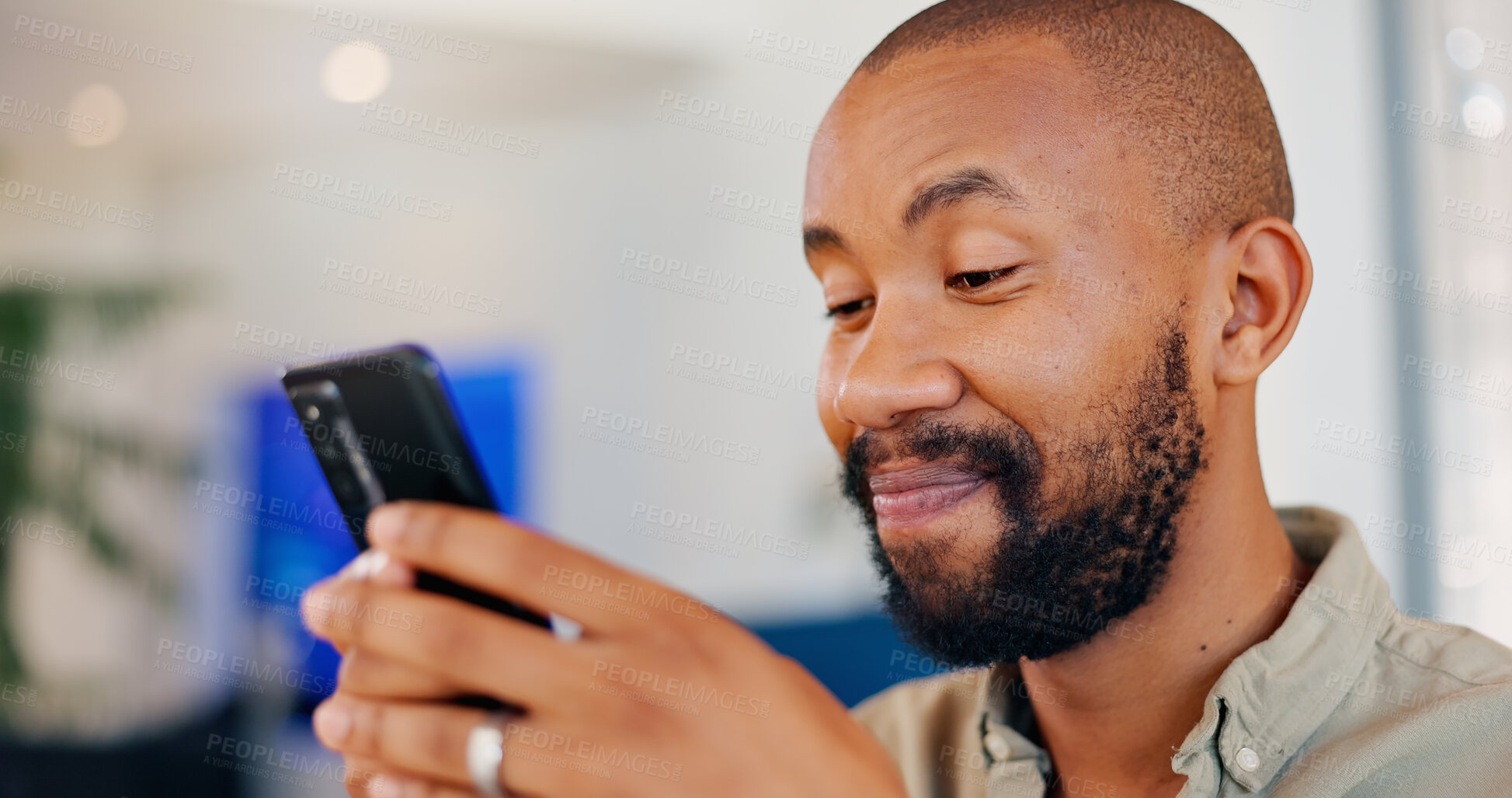 Buy stock photo Reading, cellphone and black man scrolling for online, digital conversation and chat. Technology, notification and mobile app for male person, smile or social media for internet show streaming