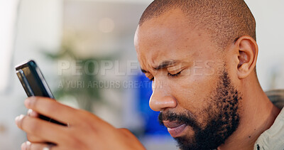 Buy stock photo Black man, cellphone and sad for bad news, email or internet for negative conversation. Stress, notification or feedback for business financing rejection, debt or technology for male person in office