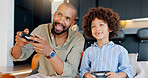 Dad, boy and video games with controller, lounge and home for bonding on weekend. Technology, esports and console for online fun, holiday and male person for activity with child in lounge