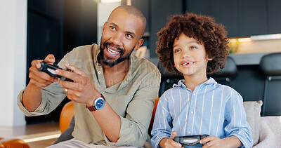 Buy stock photo Dad, child and video games with controller, lounge and home for bonding on weekend. Technology, esports or console for online fun, holiday and male person for activity playing with boy in living room