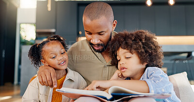 Buy stock photo Man, children and reading with book in home, sofa and lounge for fantasy stories. Bonding, learning and educational study with single parent person, love and storytelling for childhood development