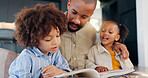 Father, children and reading with book on sofa, home and lounge for fantasy stories. Bonding, learning and educational study with single parent person, love or storytelling for childhood development
