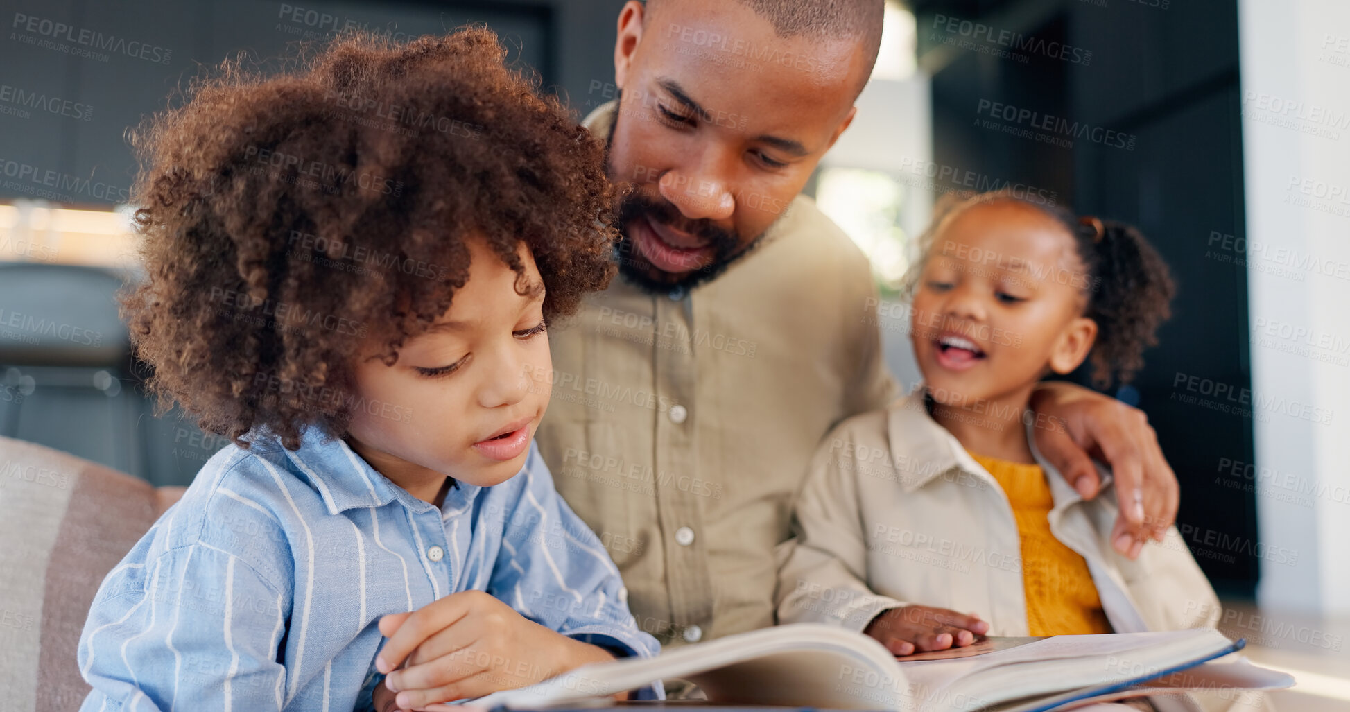 Buy stock photo Father, children and reading with book on sofa, home and lounge for fantasy stories. Bonding, learning and educational study with single parent person, love or storytelling for childhood development
