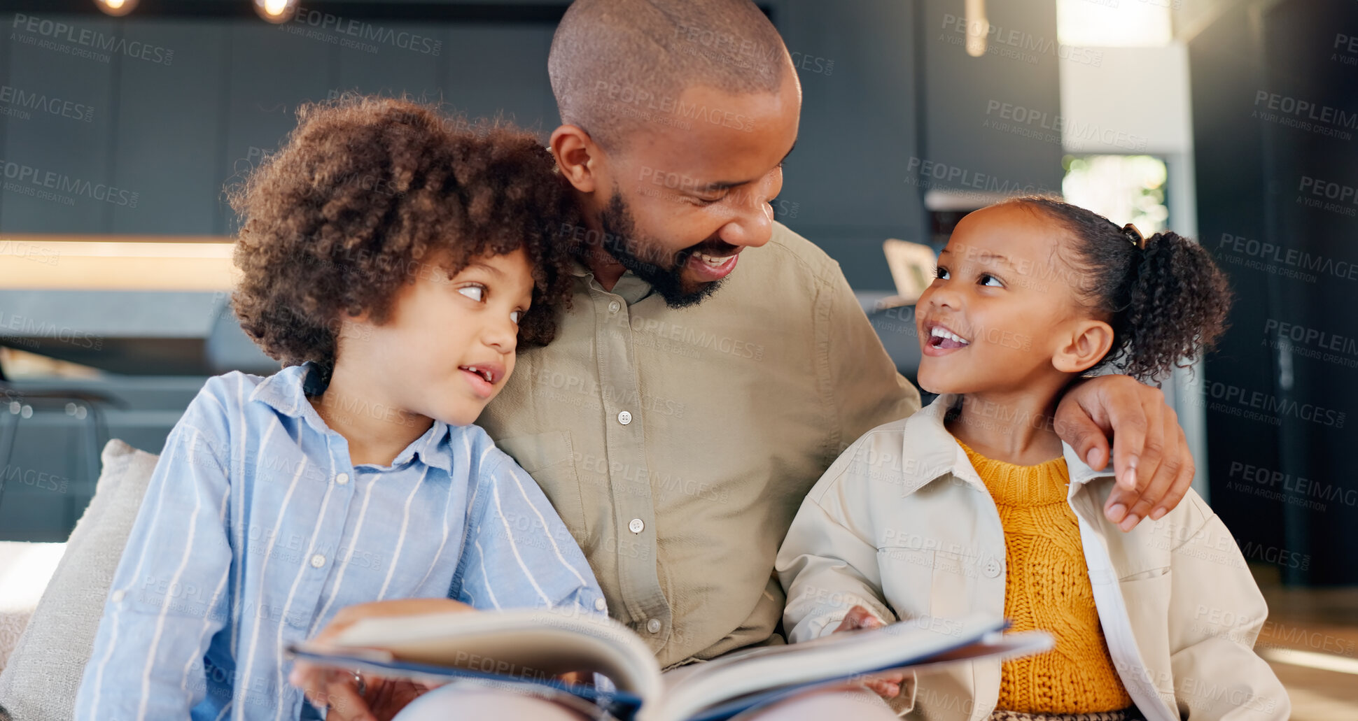 Buy stock photo Happy father, children and reading with book in home, sofa and lounge for fantasy stories. Bonding, learning and educational study with male person, love and storytelling for childhood development
