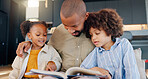 Father, children and reading with book on couch, home and lounge for fantasy stories. Bonding, learning and educational study with happy male person, love and storytelling for childhood development