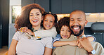 Black family, dad and mom with children, portrait and embrace in living room, chill and love in house. Lounge, woman and man with kids, relax and smile for care, comfort and affection in home