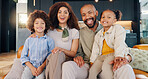 Black family, woman and man with children, portrait and embrace in living room, chill and love in house. Lounge, mom and dad with kids, relax and smile for care, comfort and affection in home