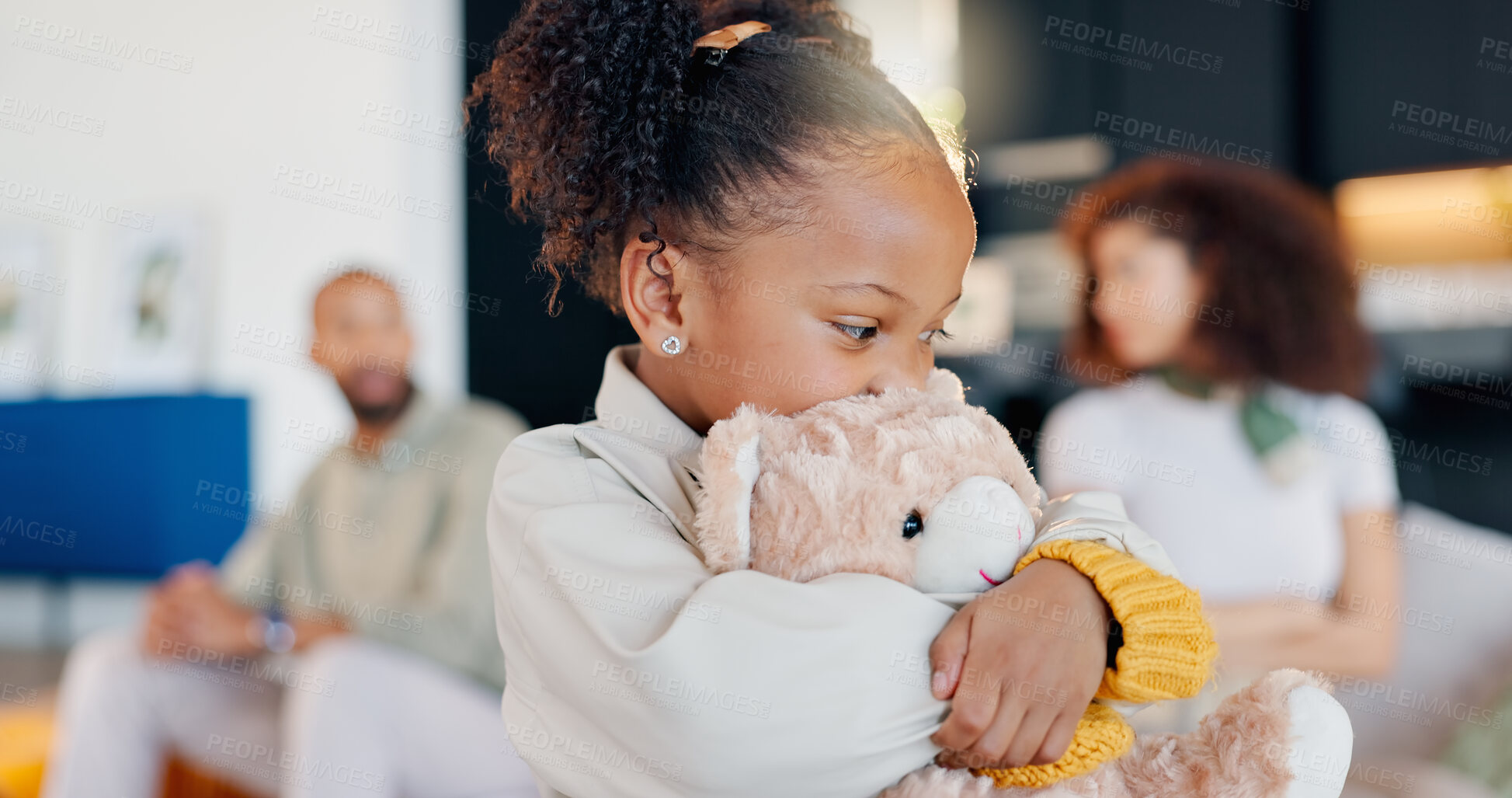 Buy stock photo Divorce, parents conflict and kid with teddy bear in home for relationship trauma, upset and issue. Family, house and girl hug toy with anxiety for mother and father fighting, argument and crisis