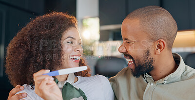 Buy stock photo Smile, man and woman in home with pregnancy test, family planning and support in marriage together. Excited, results and pregnant couple with embrace, love and happy celebration for new parents.