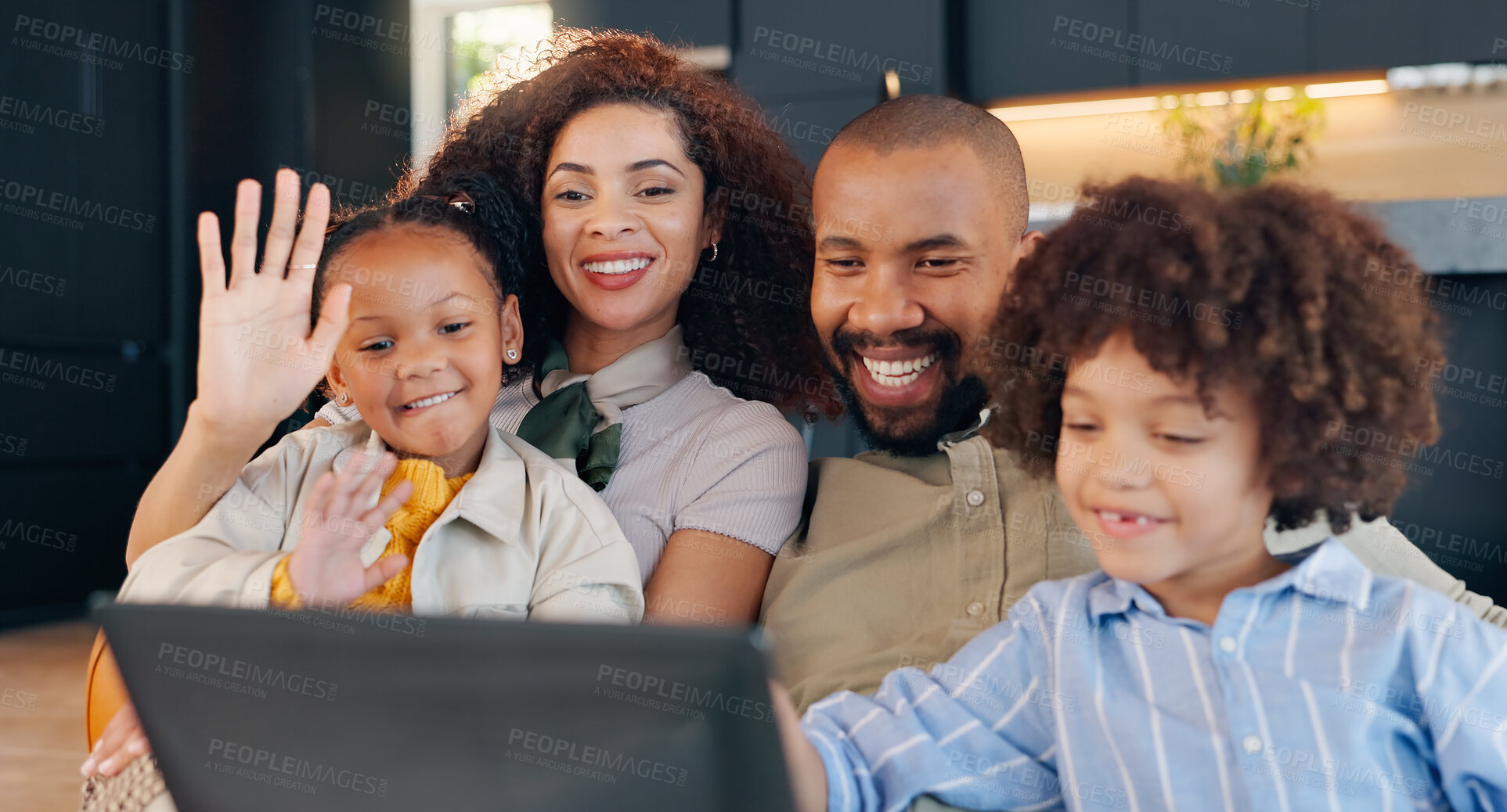 Buy stock photo Smile, tablet and video call with family in living room of home together for bonding, entertainment or love. App, social media or wave with mother, father and children in apartment for communication