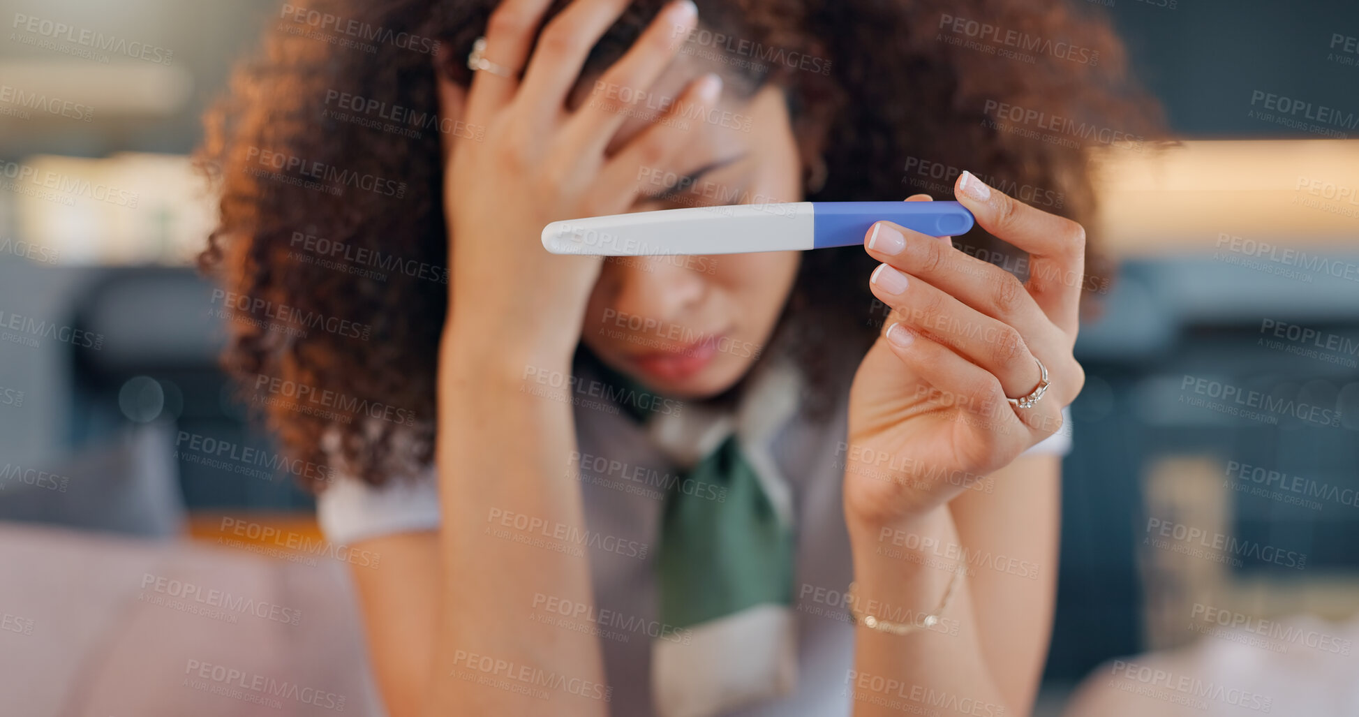 Buy stock photo Stress, anxiety and woman in home with pregnancy test, family planning or infertility health risk with birth control. Legal rights, frustrated and sad girl with negative results, choice or decision