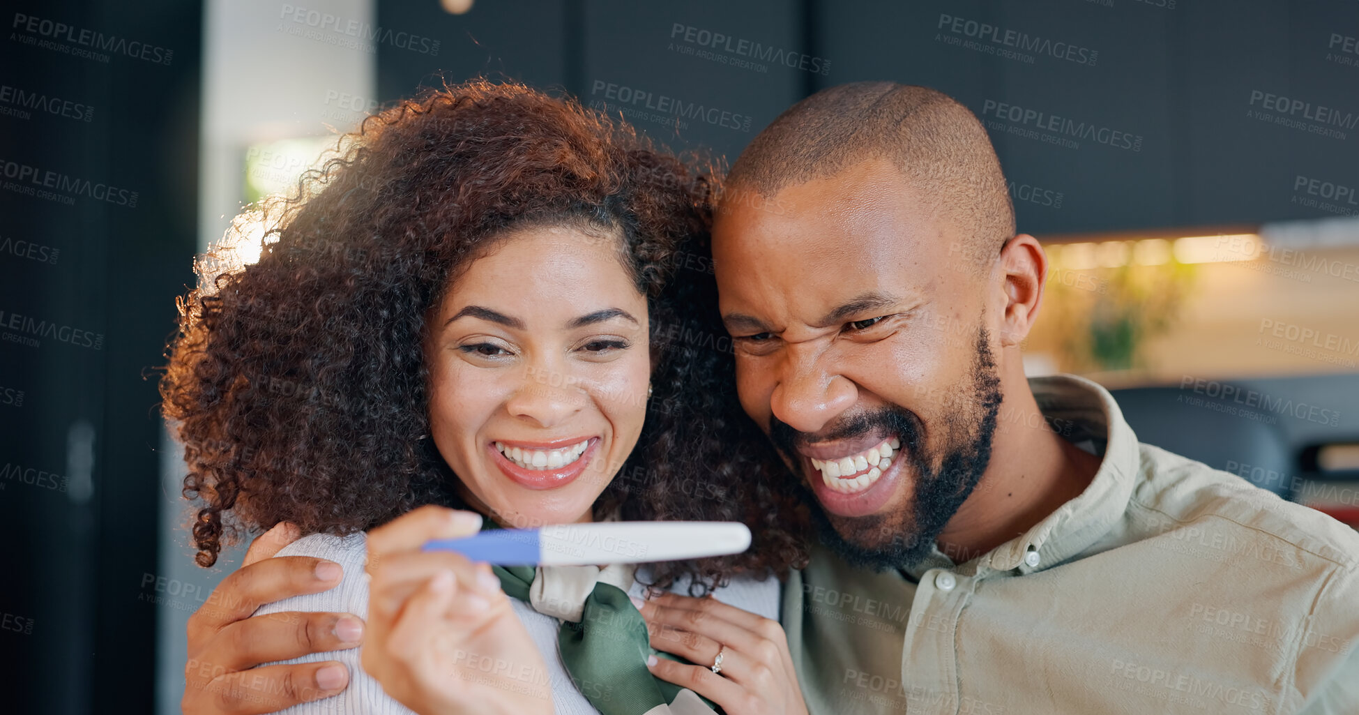 Buy stock photo Happy couple, excited and pregnancy test with results, good news and planning for baby as married people. Woman, man and joy for future family in home, together and cheerful in celebration as parents