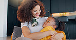 Home, hug and mother with girl, love and bonding together with happiness, comfort and support. Apartment, single parent and mama with daughter, embrace and relax with break and sharing sweet moment