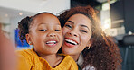 African mom, selfie and portrait of child laughing in home for happy memory, love or family bonding. Face, smile and profile picture of mother with girl or foster kid for adoption photograph together