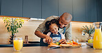 Sandwich, dad or prepare meal with child for development, learning or nutrition at home. Kid, father or help with knife for education, lunch time or growth with fresh produce for wellness and health