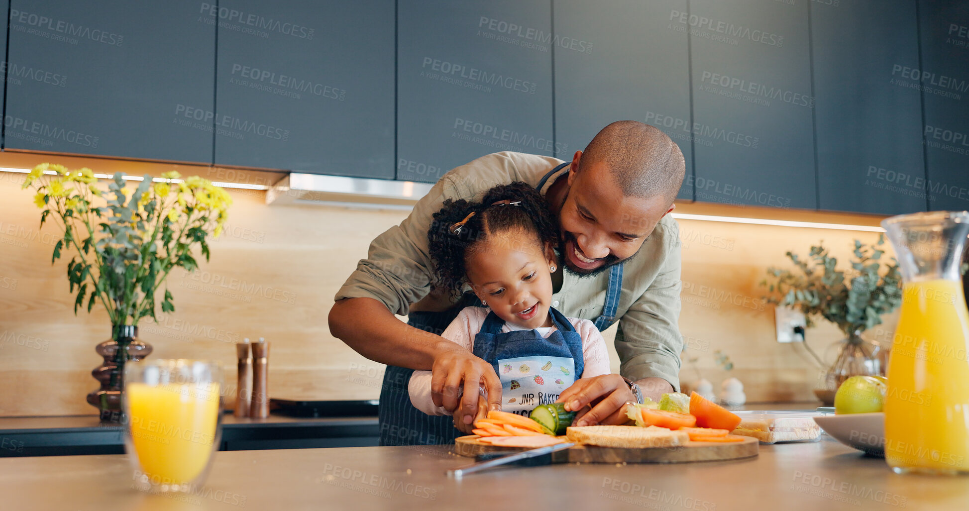 Buy stock photo Sandwich, dad or prepare meal with child for development, learning or nutrition at home. Kid, father or help with knife for education, lunch time or growth with fresh produce for wellness and health