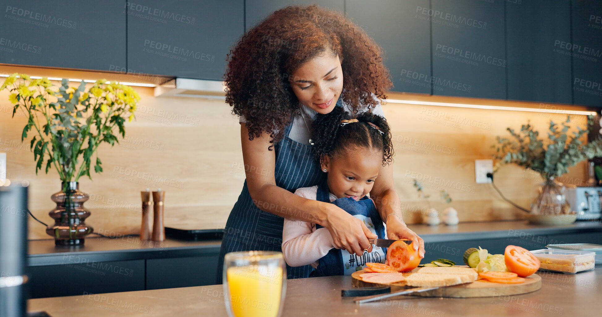 Buy stock photo Sandwich, mom or prepare meal with child for development, learning or nutrition at home. Kid, mother or help with knife for education, lunch food or growth with fresh produce for wellness in kitchen