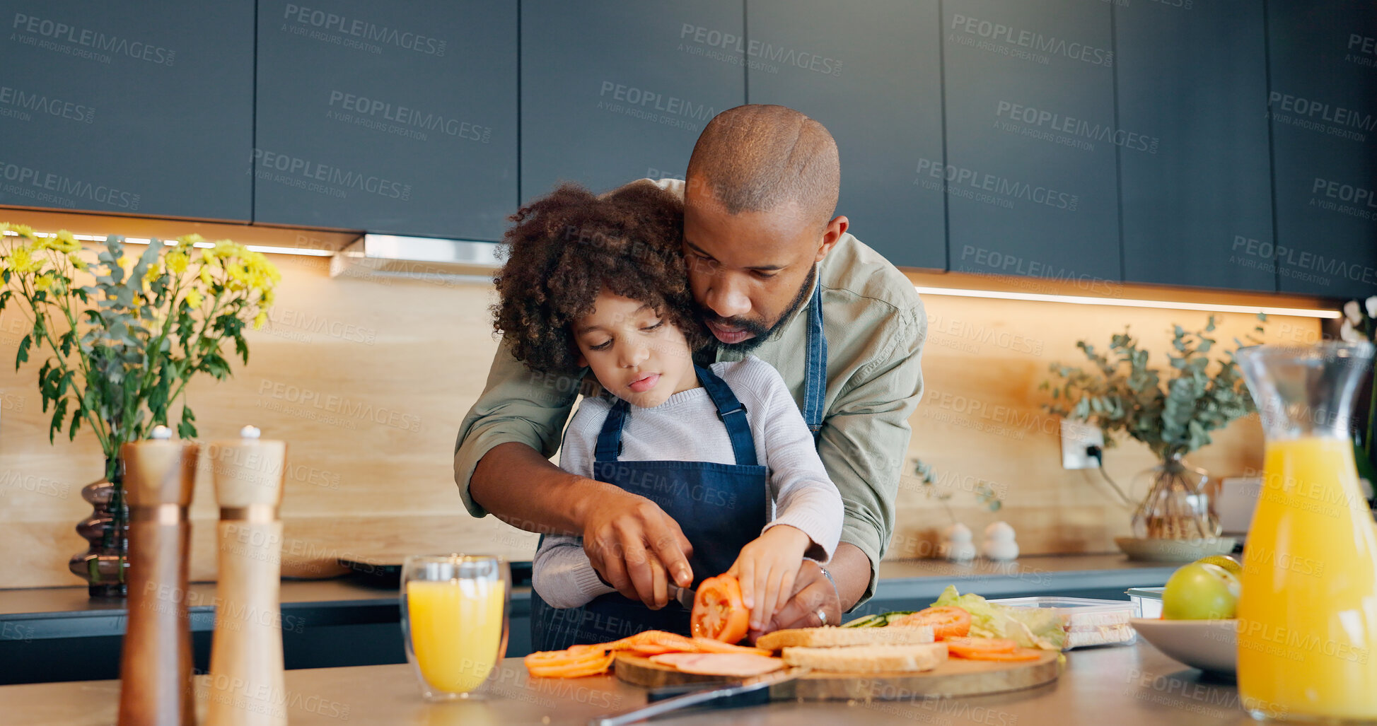 Buy stock photo Sandwich, father or prepare meal with kid for development, learning or nutrition at home. Child, dad or help with knife for education, brunch food or growth with fresh produce for wellness and health