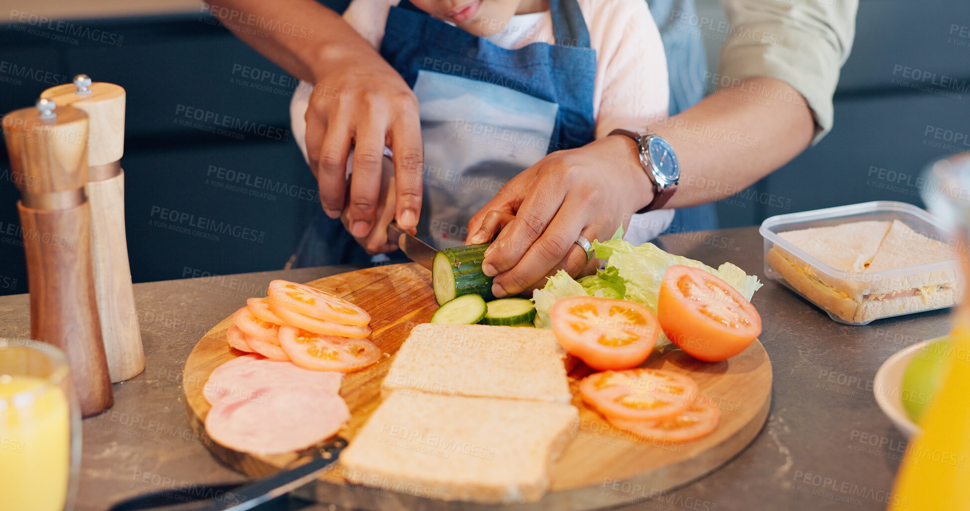 Buy stock photo Sandwich, hands or prepare meal with child for development, learning or nutrition at home. Kid, parent or help with knife for education, lunch time or growth with whole wheat bread for healthy option