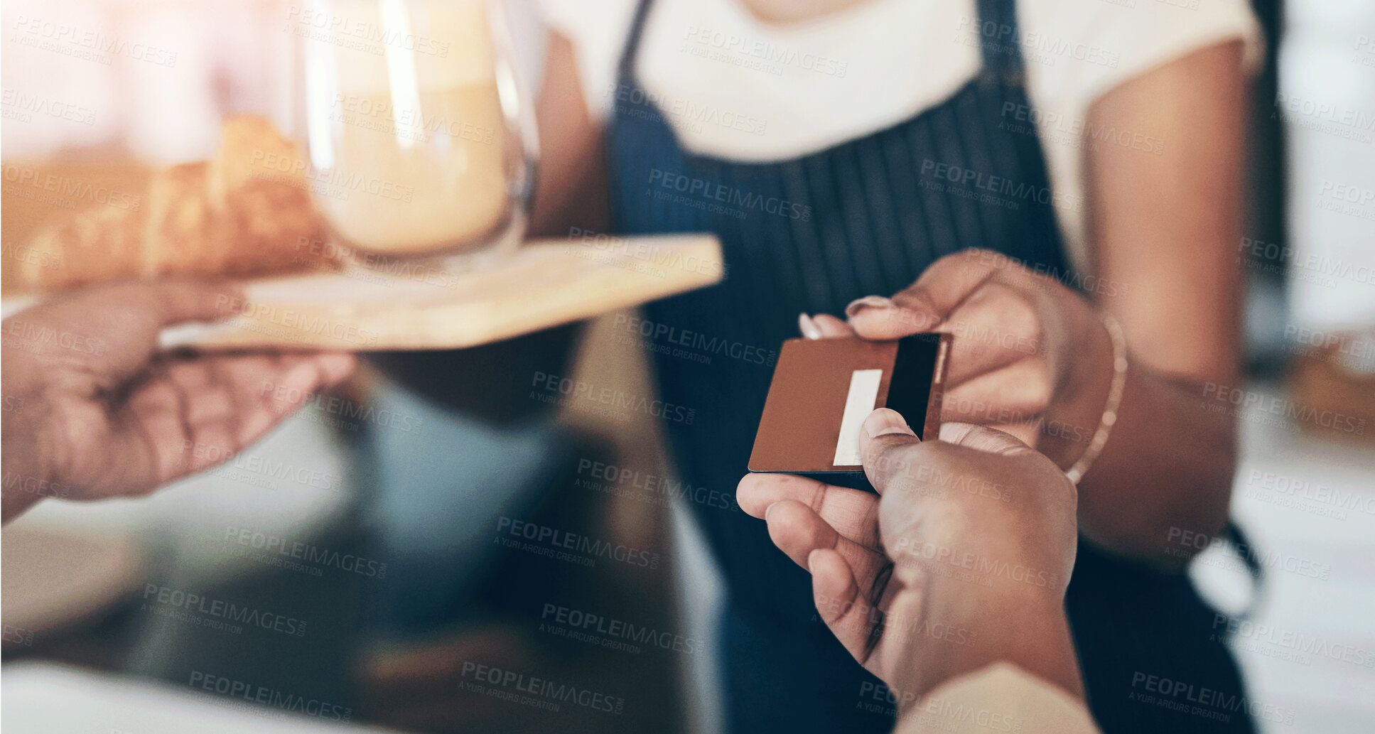 Buy stock photo Woman, hands and waitress with customer credit card for payment, purchase or food on counter at cafe. Hand of barista and client giving debit for transaction, buying or paying at coffee shop checkout