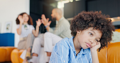 Buy stock photo Divorce, parents conflict and sad child in home for relationship breakup, upset and depression in living room. Family, house and kid with trauma for mother and father fighting, argument and crisis