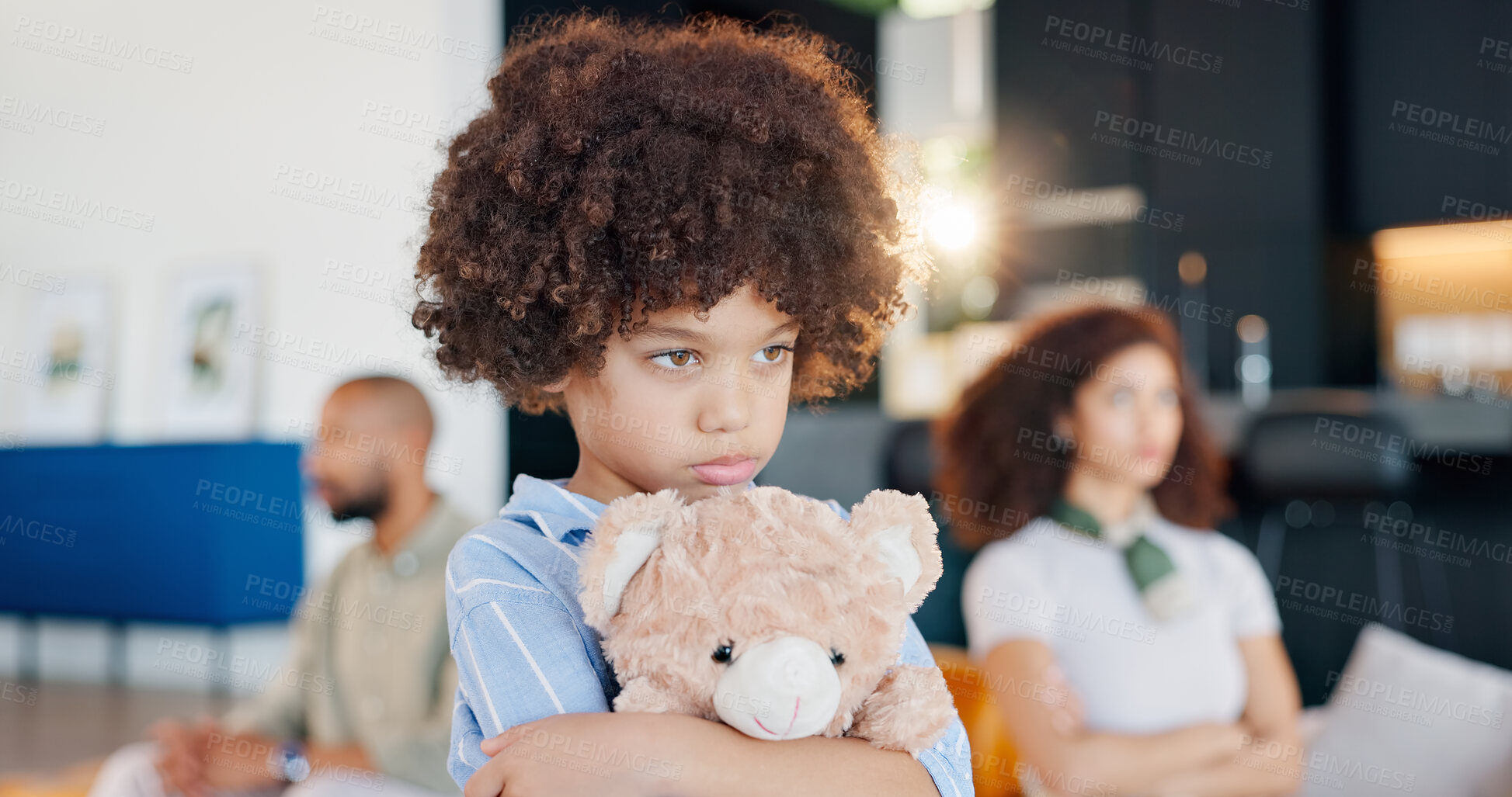 Buy stock photo Divorce, parents conflict and child with teddy bear in home for relationship problem, upset and issue. Family, house and kid hug toy with anxiety for mother and father fighting, argument and crisis