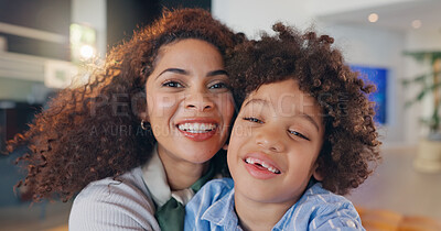 Buy stock photo Happy mother, portrait and son with hug for bonding, love or embrace in care for holiday or weekend at home. Mom, child or little boy with smile for support, childhood or joy for motherhood at house