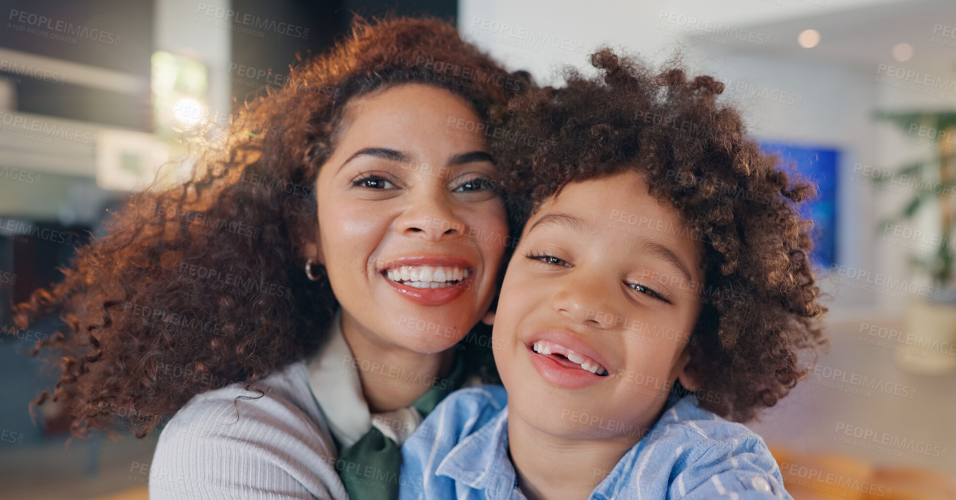 Buy stock photo Happy mother, portrait and son with hug for bonding, love or embrace in care for holiday or weekend at home. Mom, child or little boy with smile for support, childhood or joy for motherhood at house