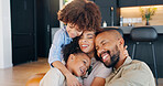 Family, children and happy hug for love with bonding together, healthy relationship and trust in home. Mother, father and kids with cheerful embrace for care, wellness support and relax with cuddle