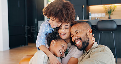 Buy stock photo Family, children and happy hug for love with bonding together, healthy relationship and trust in home. Mother, father and kids with cheerful embrace for care, wellness support and relax with cuddle