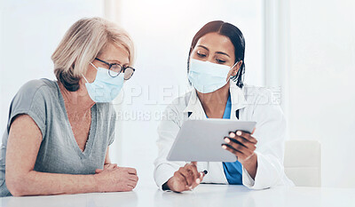 Buy stock photo Doctor, woman and tablet for covid consultation in hospital, talk and advice for healthcare, wellness and support. Medic, patient and face mask for ppe with digital touchscreen, results and feedback