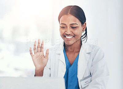 Buy stock photo Hand, hello and woman doctor on laptop video call for online consulting, help and advice in a hospital. Telehealth, hi and female healthcare expert on virtual consult or medical conference on space